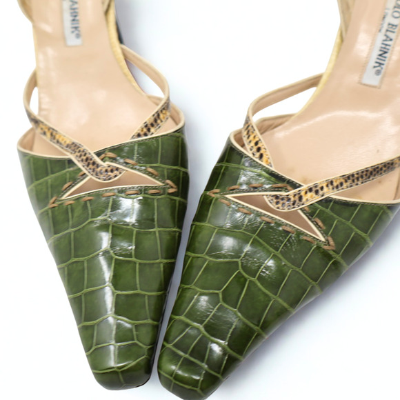 Manolo Blahnik Crocodile-Embossed Slingback Heels - Picture 2 of 3